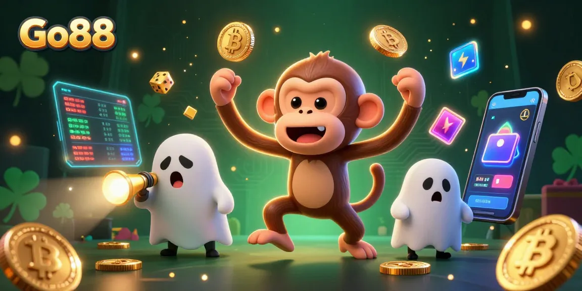 Engage with Go88's thrilling haunted casino scene featuring a playful poltergeist monkey.