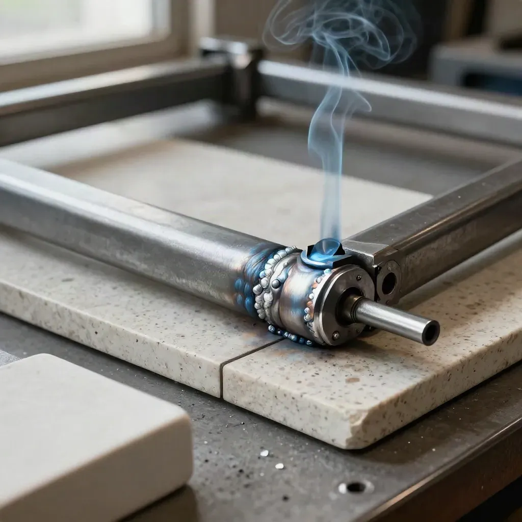 Close TIG-welded frame corner with blue heat tint, clamps and cooling smoke