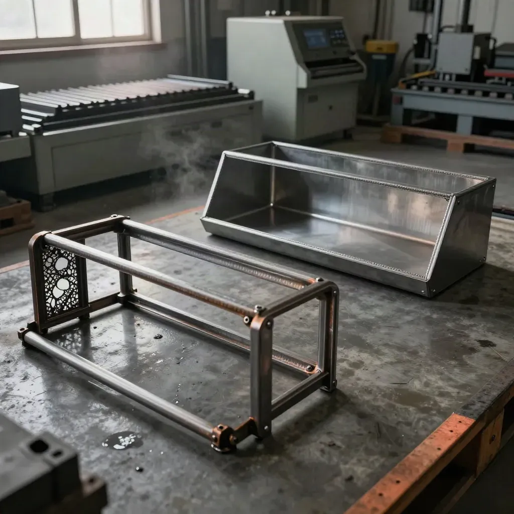 Moody prototype sheet-metal shop floor with laser-cut sheets, welded frame, and folded enclosure on wet concrete.