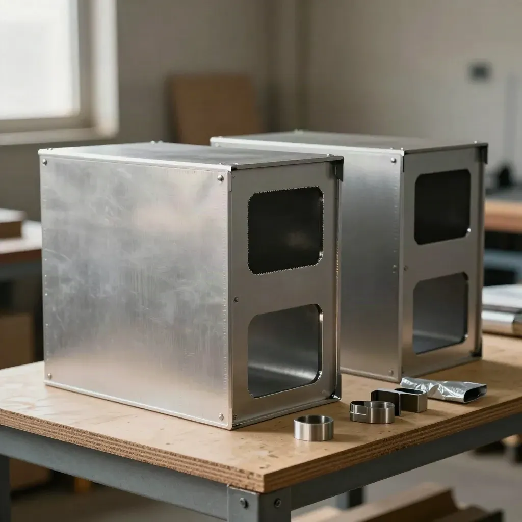 Matte aluminum enclosures stacked on a birch shelf in a fabrication bay