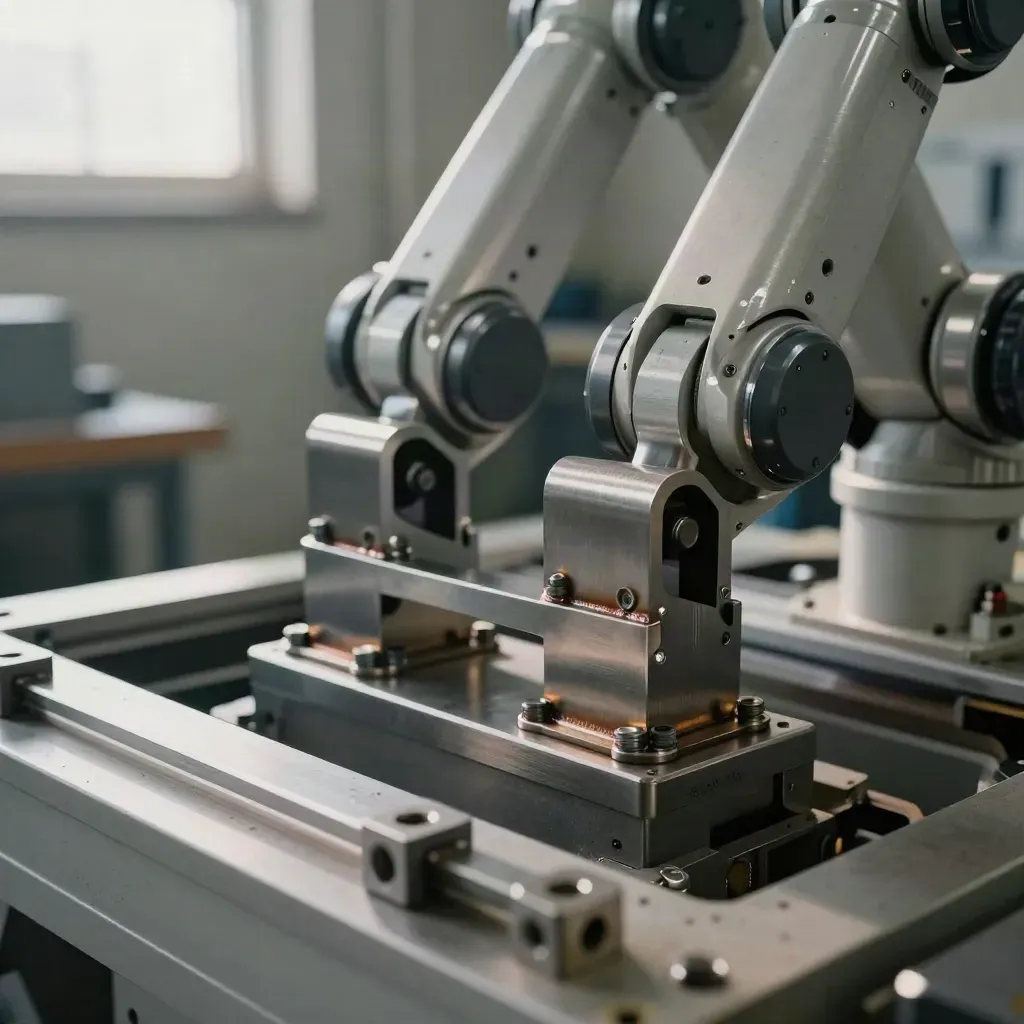 Robot brackets bolted square in a steel machine frame, spare brackets beside them.