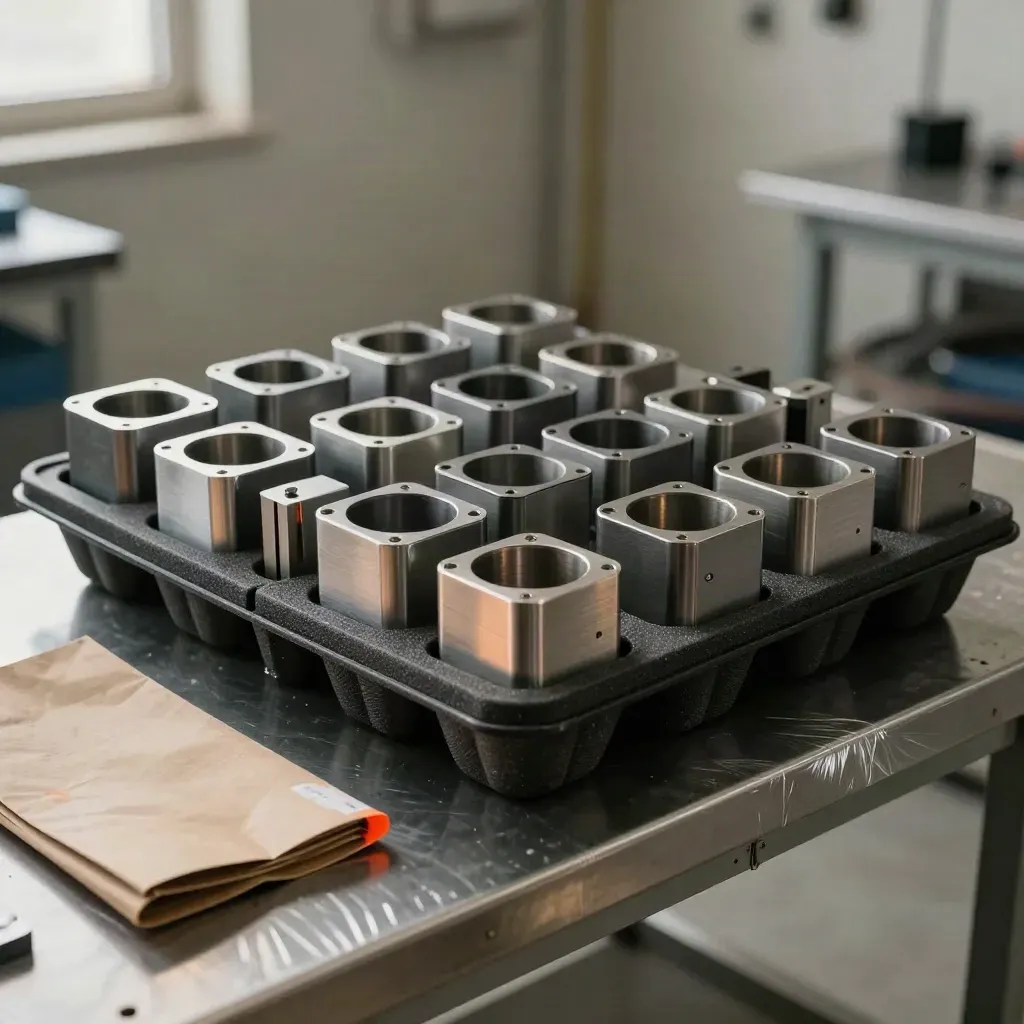 Sensor housings packed in foam beside a clean fabrication bench in hazy shop light.