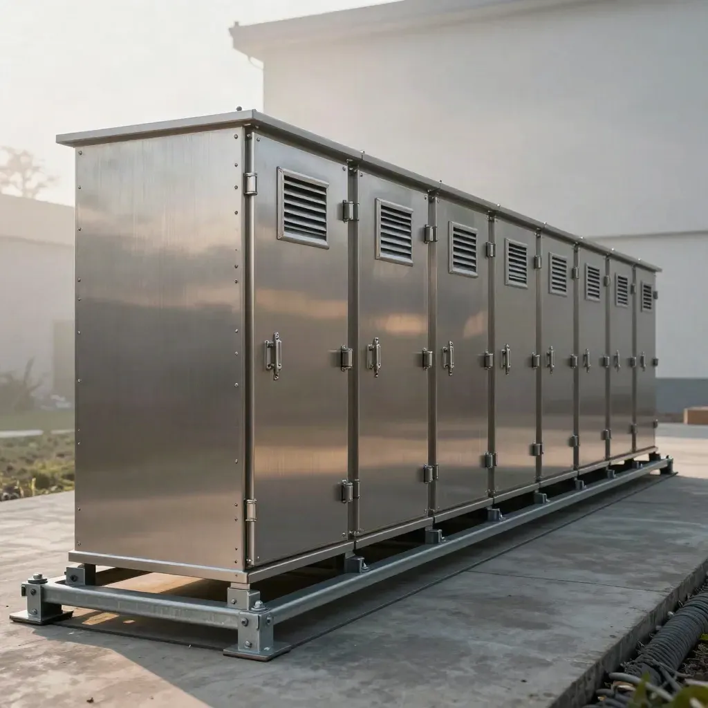 Row of metal enclosure prototypes on a skid in misty morning light