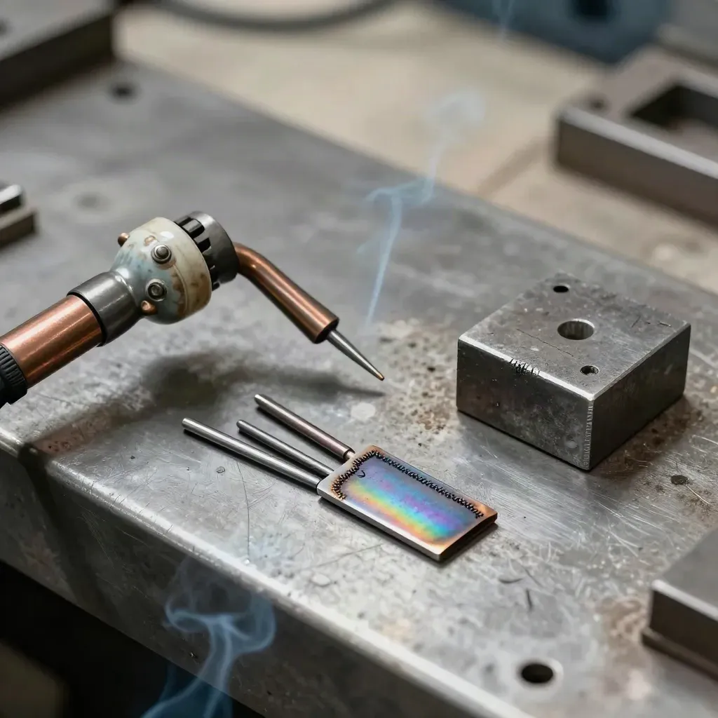 TIG torch, tungsten electrodes, blued weld coupon and fixture magnet on a steel bench with smoke.