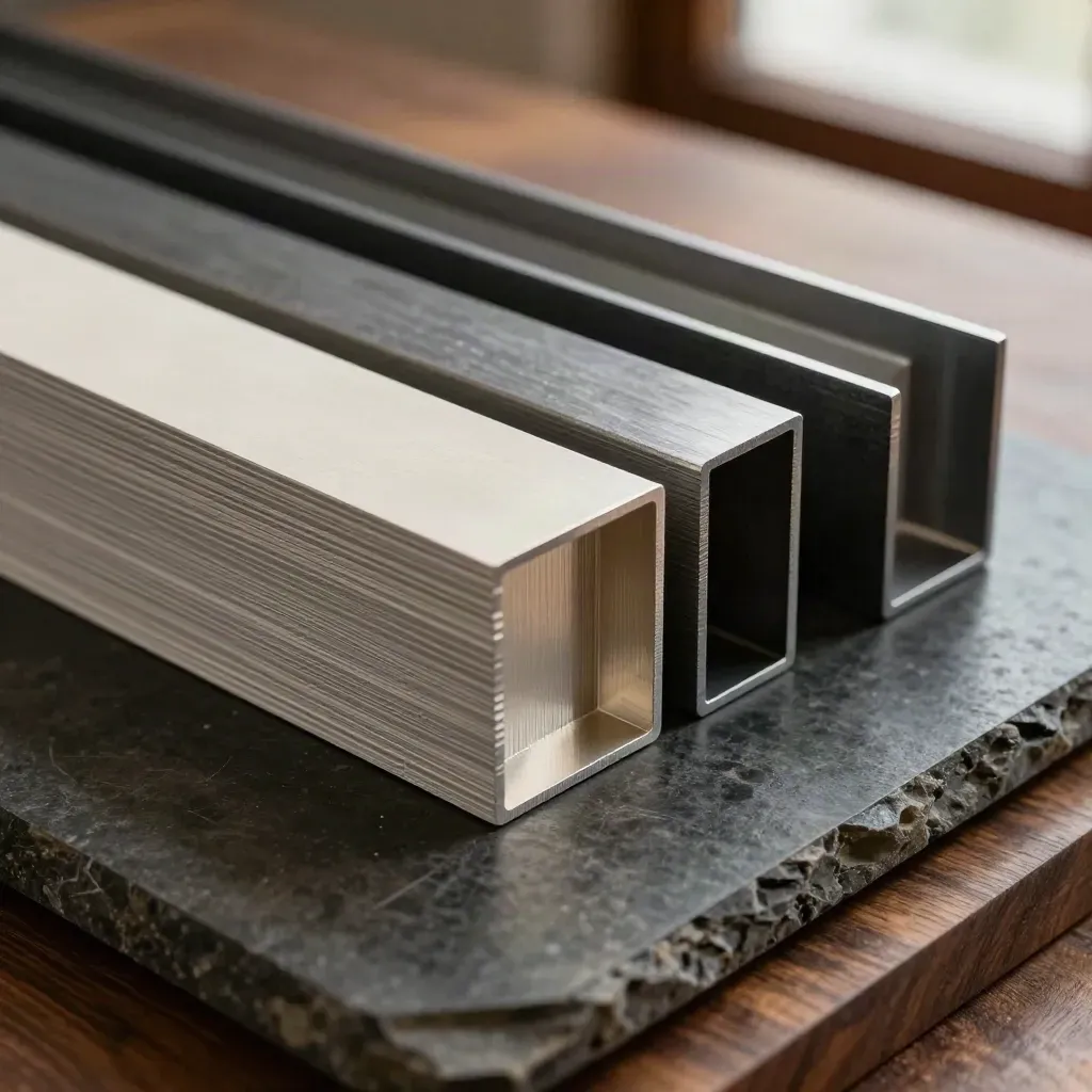 Sheet metal swatches and enclosure corners on dark stone, dramatic studio light