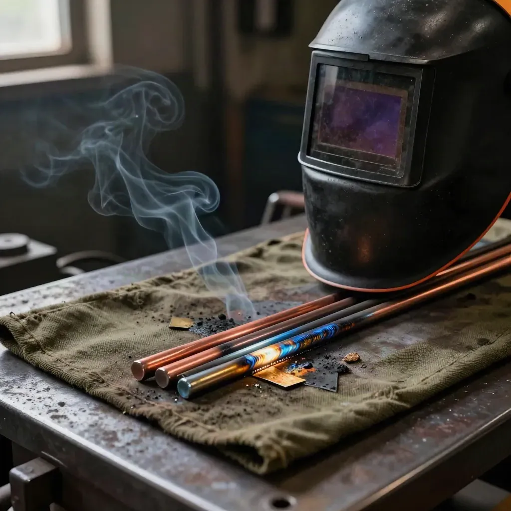 Extreme macro of welding helmet, filler rods and cooling sample tabs on a dusty olive bench