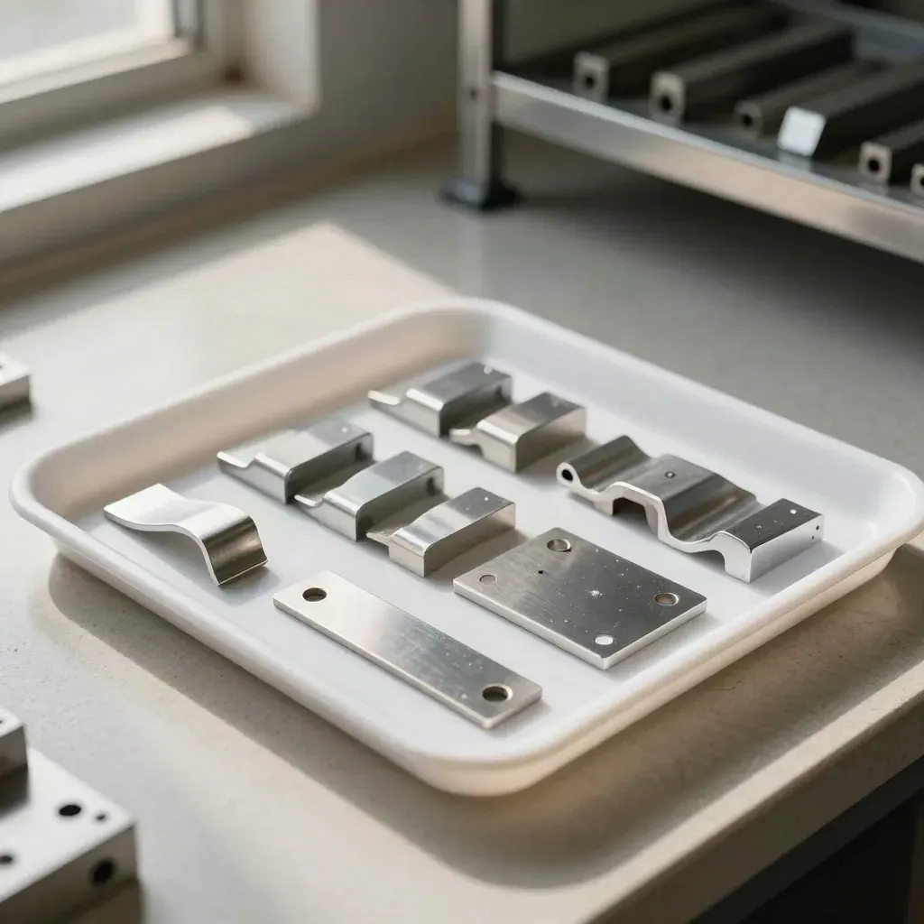 White inspection tray with prototype brackets and corner test pieces on a stone bench.