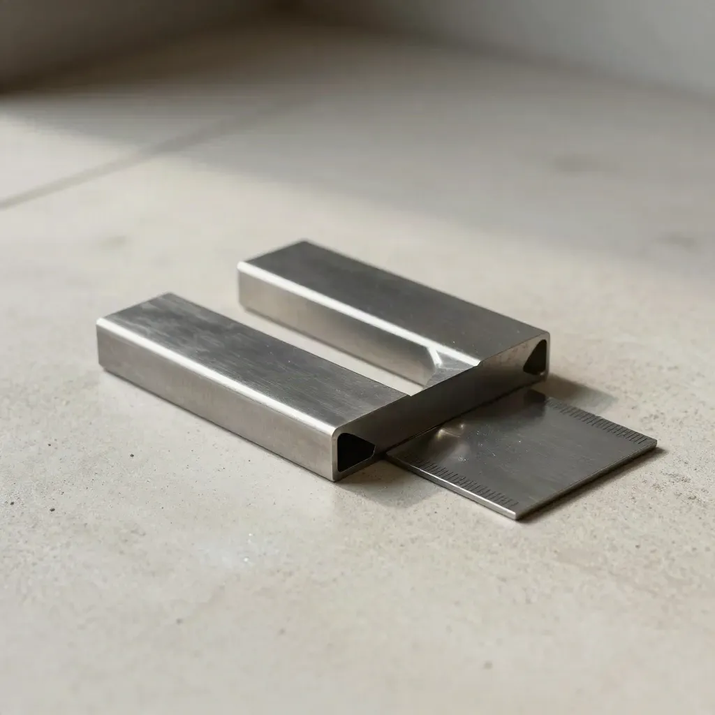 Bent sheet-metal fit check with corner block and reference plate on concrete