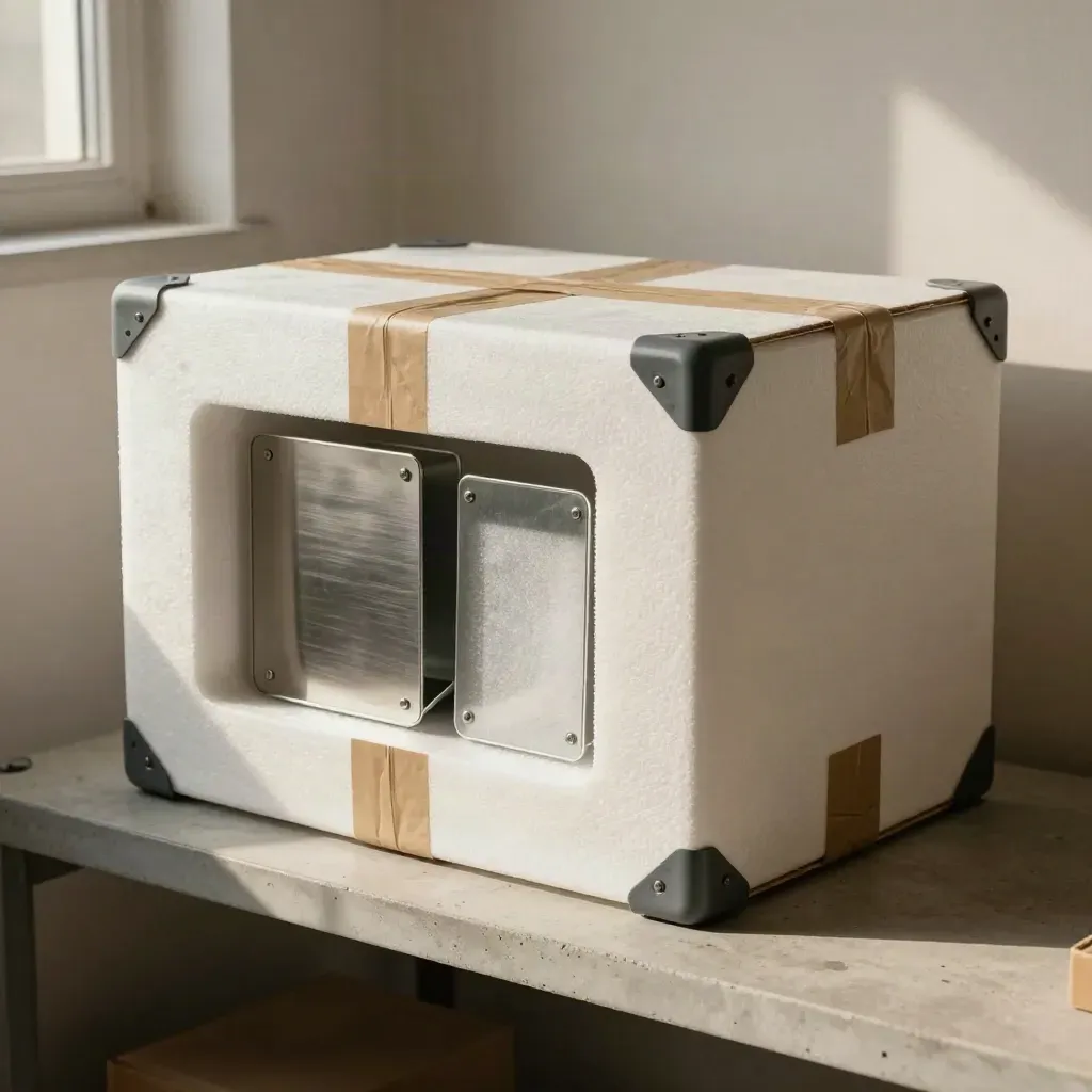 Sealed foam-lined shipping carton with metal parts and graphite corner protectors on concrete