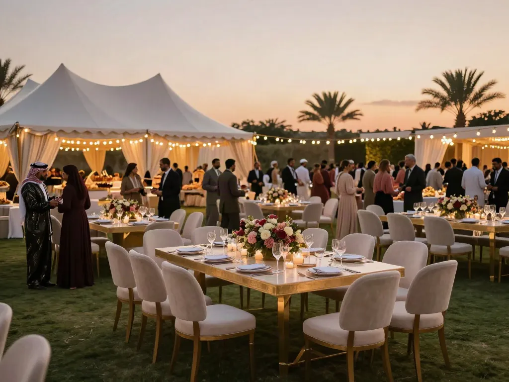 Event rental KSA featuring luxurious event setup with tents and gourmet catering.