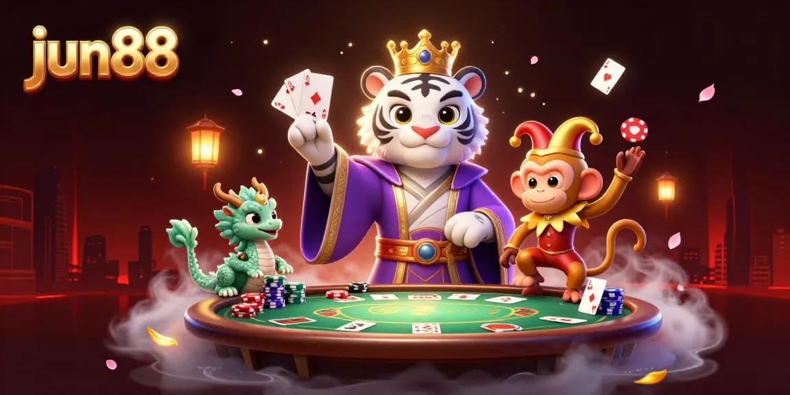 Experience thrilling poker action at jun88 with a vibrant 3D illustration featuring dynamic characters and casino elements.
