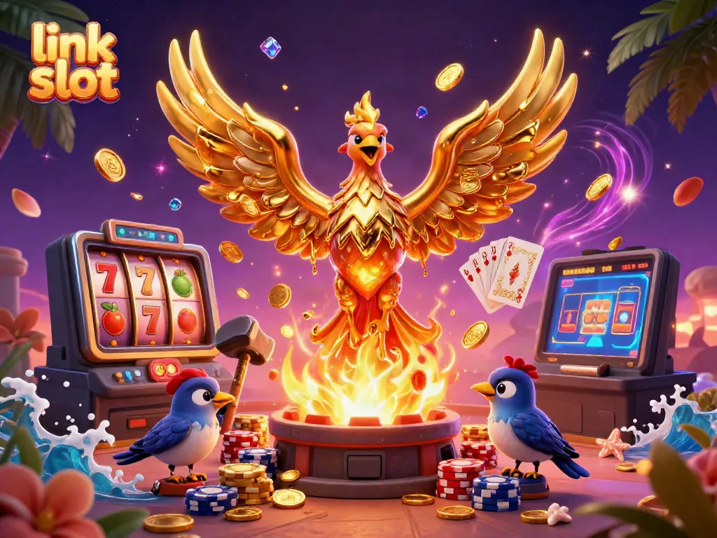 Engage with the link slot jackpot as the golden phoenix unleashes golden rewards amidst vibrant casino elements.
