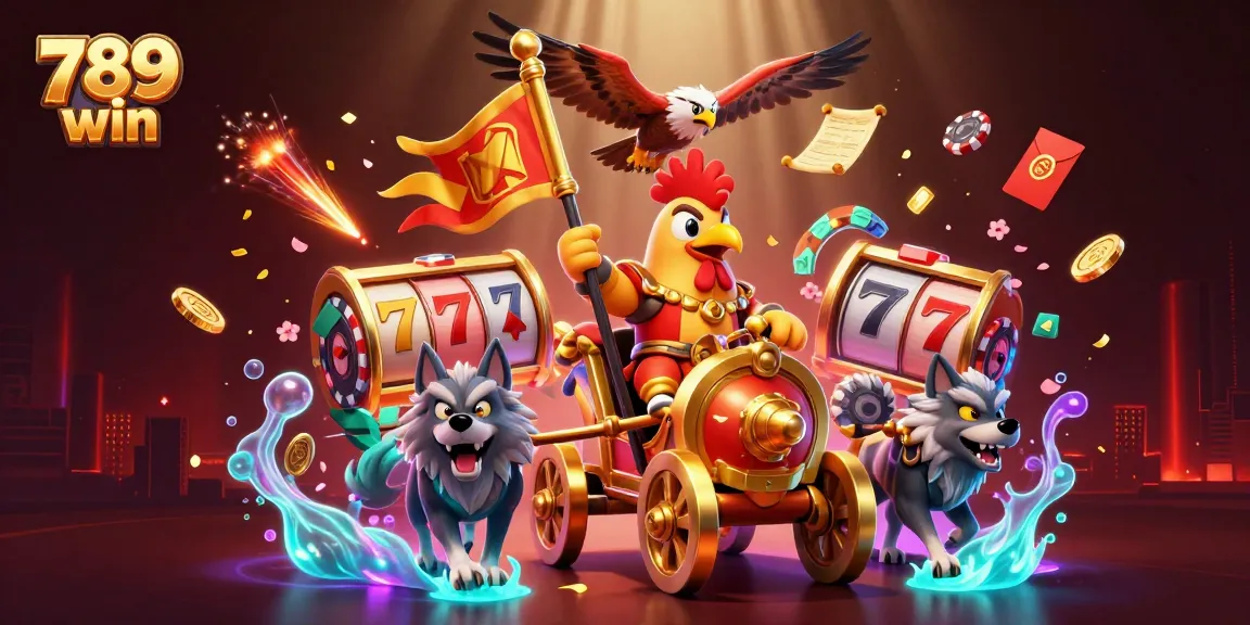 Experience thrilling wins with 789 win's dynamic 3D casino scene featuring a rooster warlord.