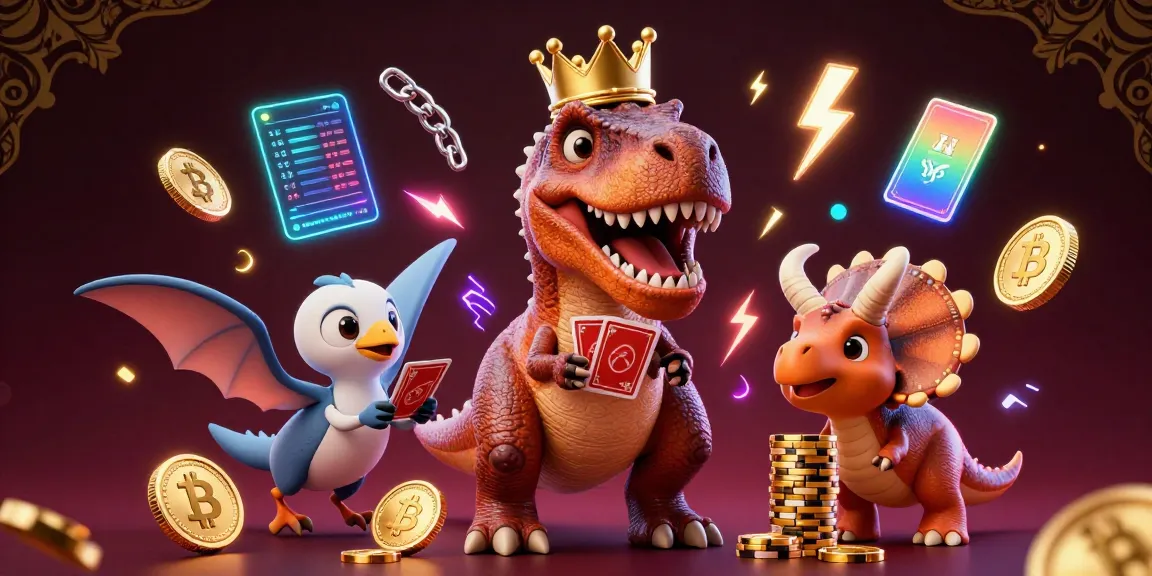 S666 showcases a vibrant 3D casino scene with T-Rex and friends engaged in card games and stacking chips, highlighting excitement and victory.
