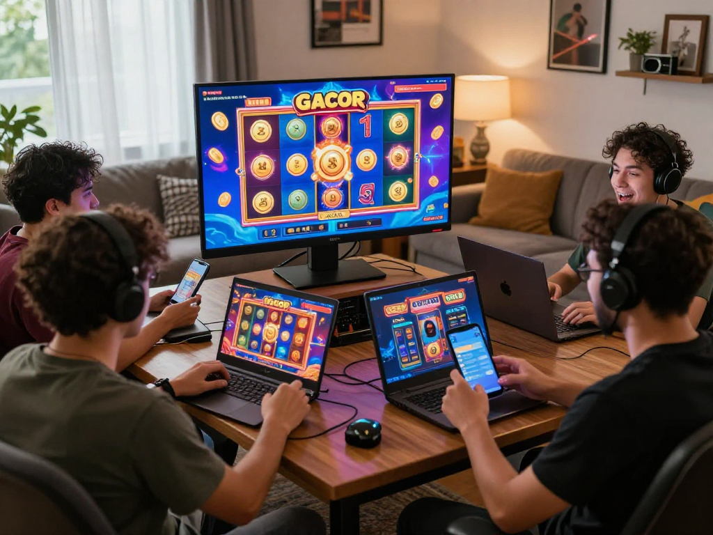 Exciting slot gacor gaming experience with diverse players enjoying vibrant online slots on devices in a cozy room.