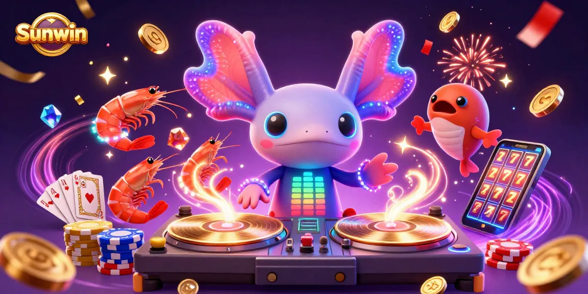 Engage with Sunwin's vibrant casino scene featuring a neon axolotl DJ, upbeat dancing shrimp, and sparkling casino elements.