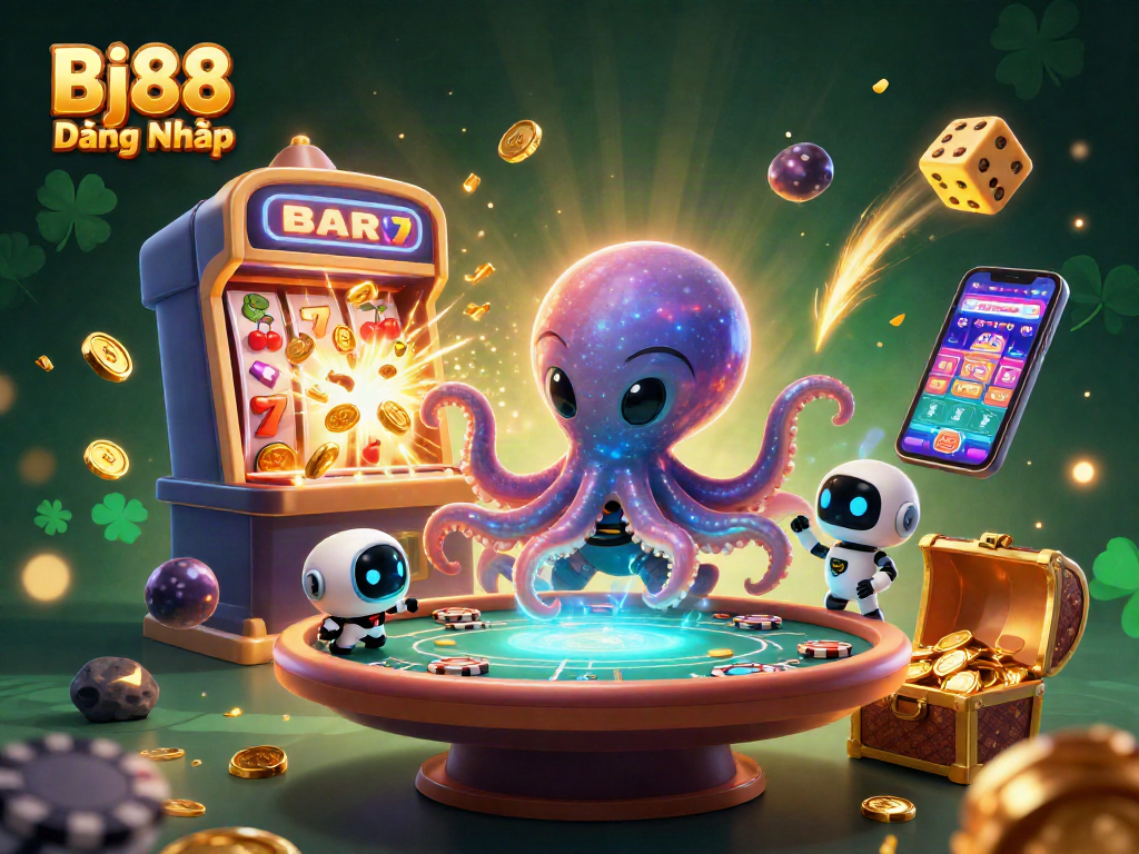 Engage in exhilarating gameplay at Bj88 Đăng Nhập, featuring a dynamic casino scene with an alien octopus and robot.