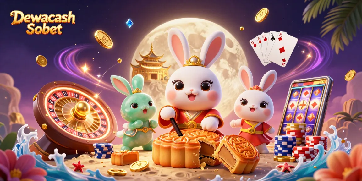 Dewacash Sbobet illustration featuring a moon rabbit with poker chips, cascading coins, and vibrant casino elements.