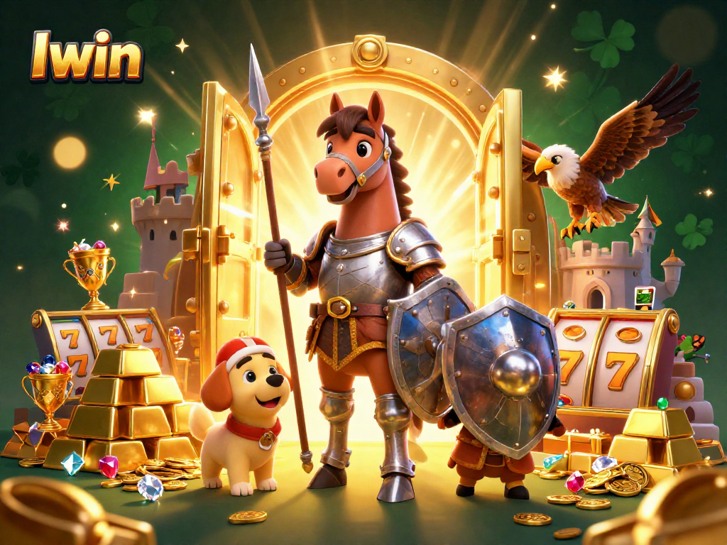 Spin the reels with Iwin in a vibrant 3D scene showcasing casino treasures and adventure.