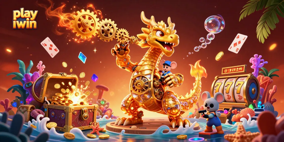 Play iwin with an exciting scene of the golden dragon, gold coins, and slot reels in a vibrant 3D setting.