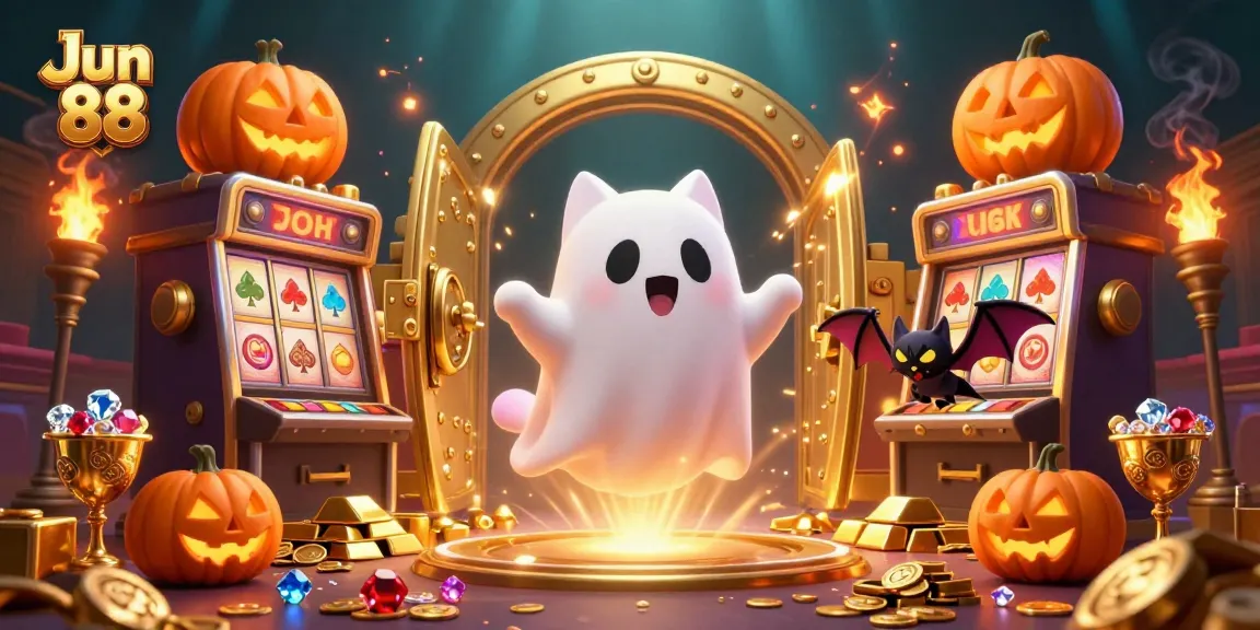 Engage in thrilling gameplay with Jun 88 as a friendly ghost cat and vampire bat explore a dazzling casino adventure.