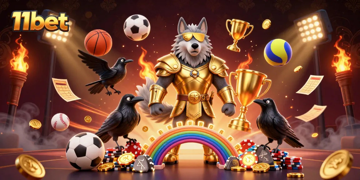 11bet showcases a Norse-inspired wolf and ravens in a vibrant, dynamic casino scene.
