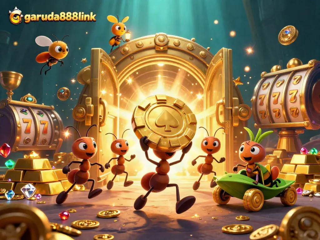 Experience the excitement of garuda888link with ants heisting giant poker chip in a charming 3D illustration.