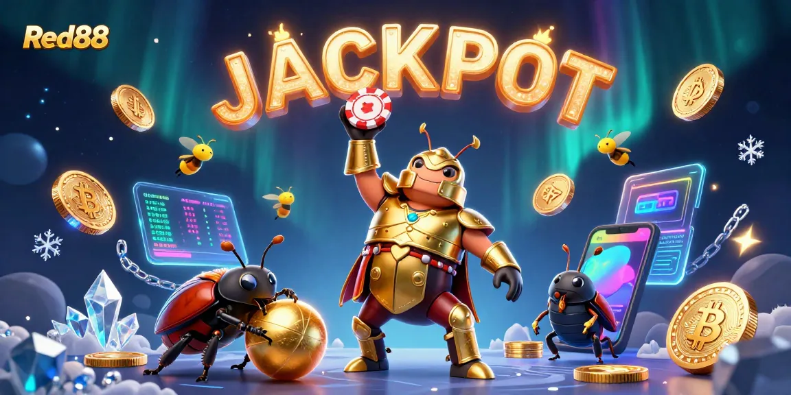 Red88 celebrates victory with cartoon characters in a dynamic gambling scene filled with neon crypto elements.
