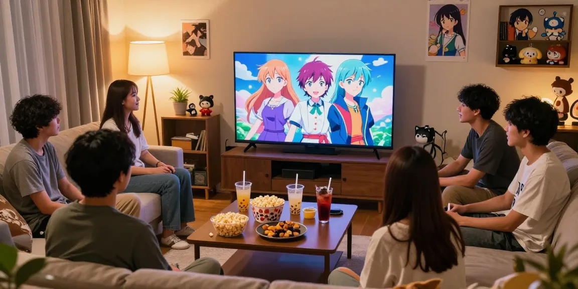 Group of friends enjoying Anime Vietsub together in a cozy living room