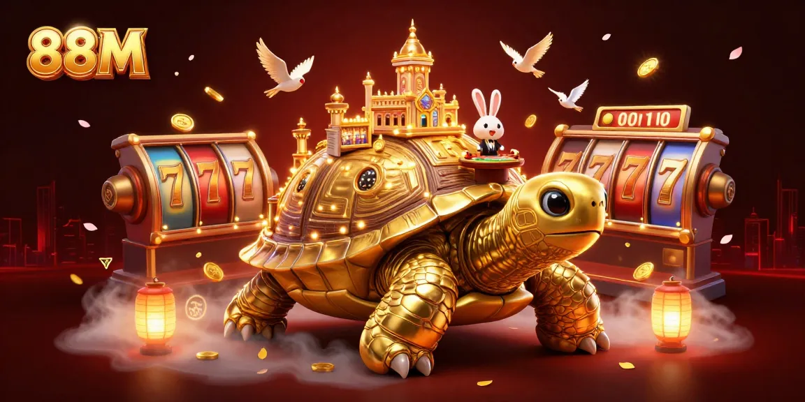 Experience the thrilling 88M casino with a vibrant scene of a giant tortoise casino and a rabbit dealer.