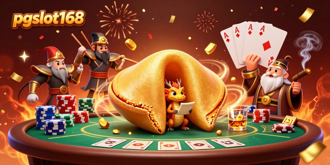Experience the excitement of pgslot168 with a golden fortune cookie revealing treasures in a dynamic casino scene.