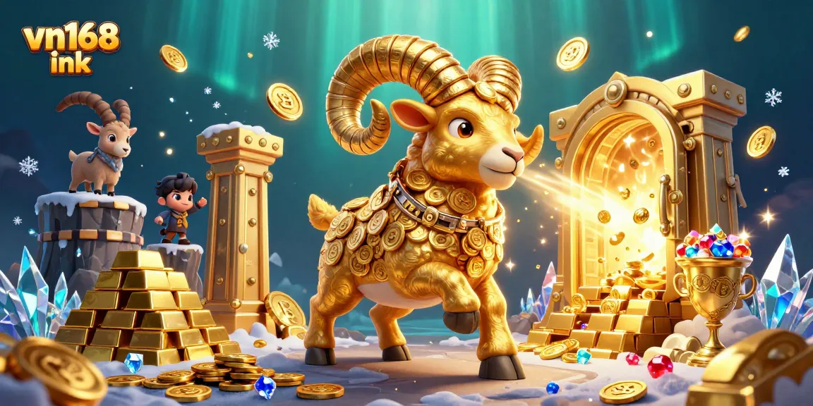 Engage in thrilling gambling at vn168 ink with a rich 3D scene showcasing golden treasures and dynamic casino elements.