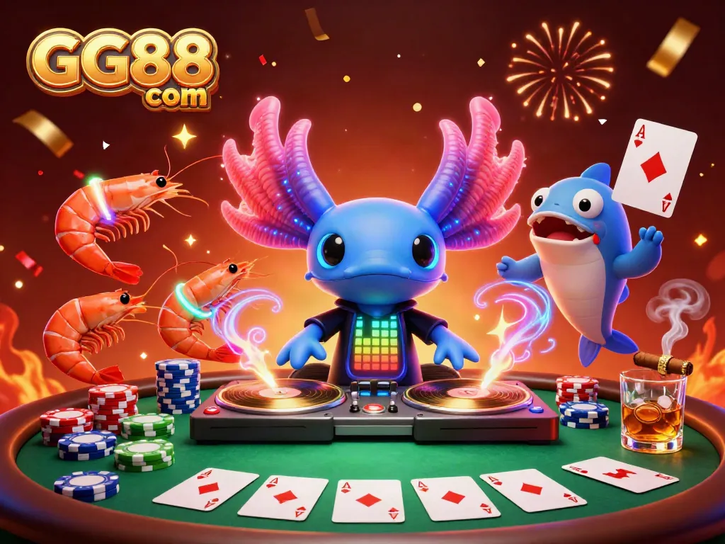 Experience the vibrant ambiance of GG88 com with a neon axolotl DJ and playful sea creatures at a lively poker scene.