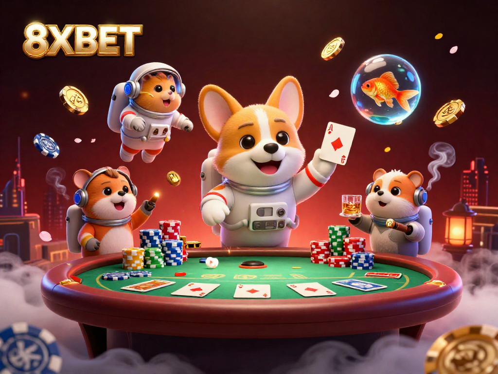 8XBET features a vibrant space station casino with a floating corgi, poker chips, and whimsical characters.
