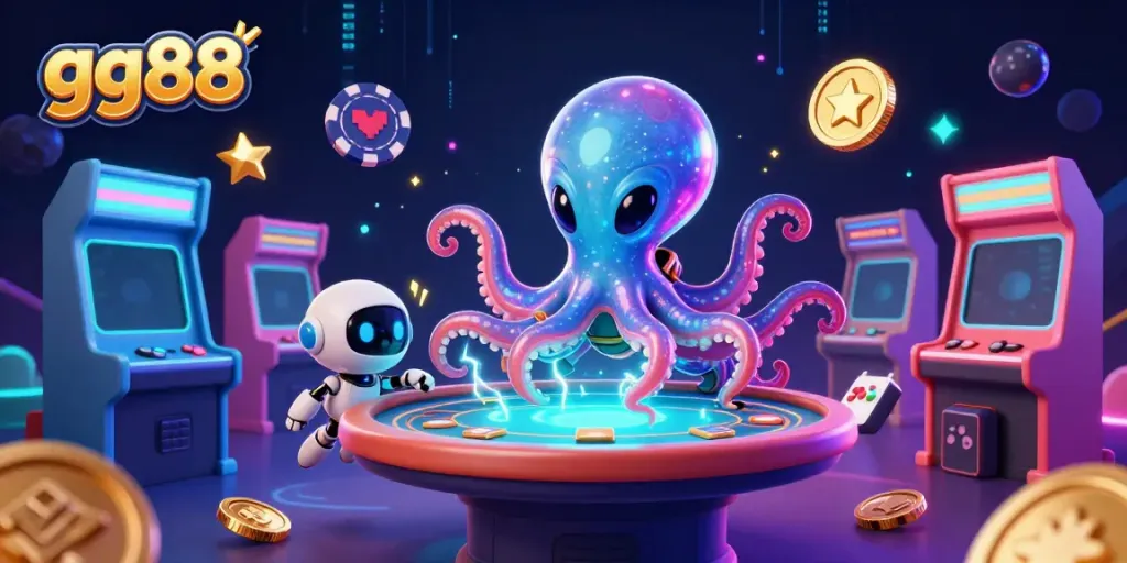 Play exciting poker at gg88 with a vibrant alien octopus navigating a cosmic casino scene.