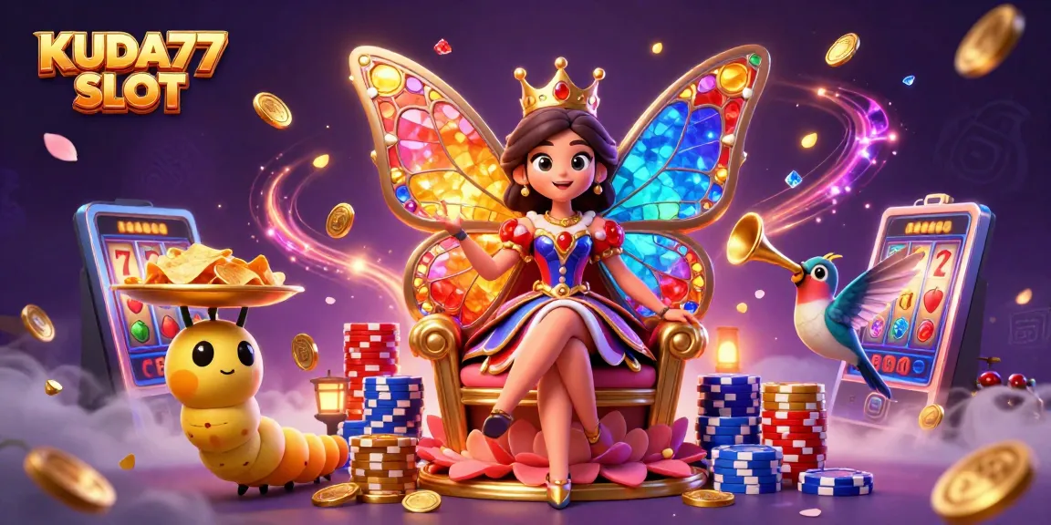 KUDA77 SLOT menampilkan ilustrasi kerajaan slot dengan ratu kupu-kupu, chip emas, dan simbol keberuntungan.