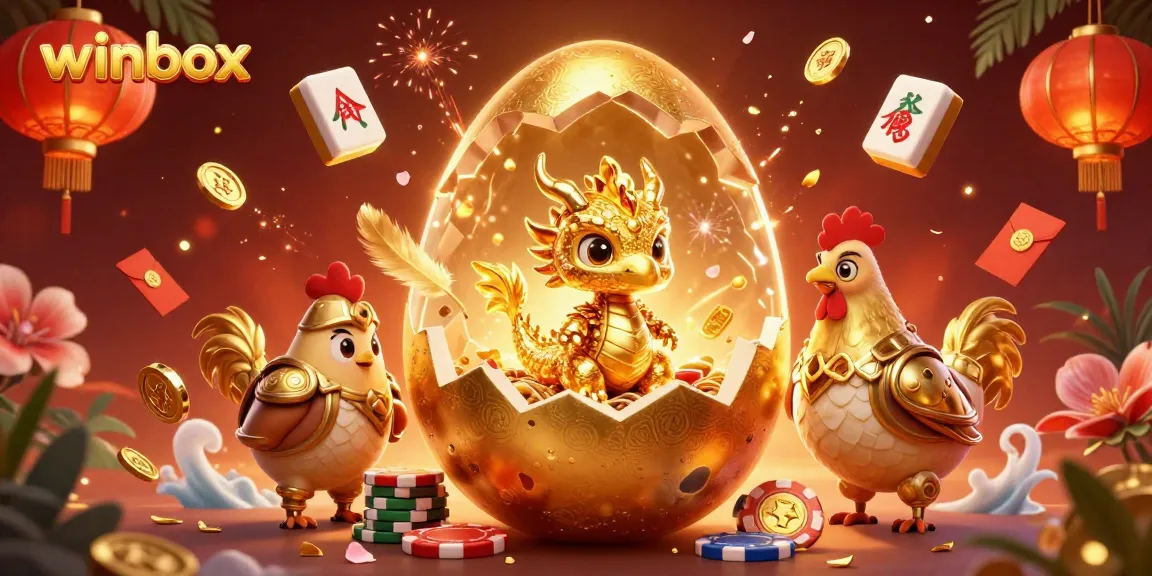 Winbox offers exciting gaming experiences with a golden dragon, poker chips, and festive decorations.