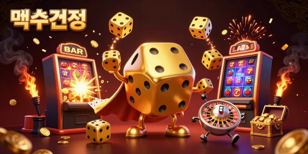 Experience the action with 먹튀검증 as a golden dice golem juggles and festive symbols burst in a colorful casino scene.