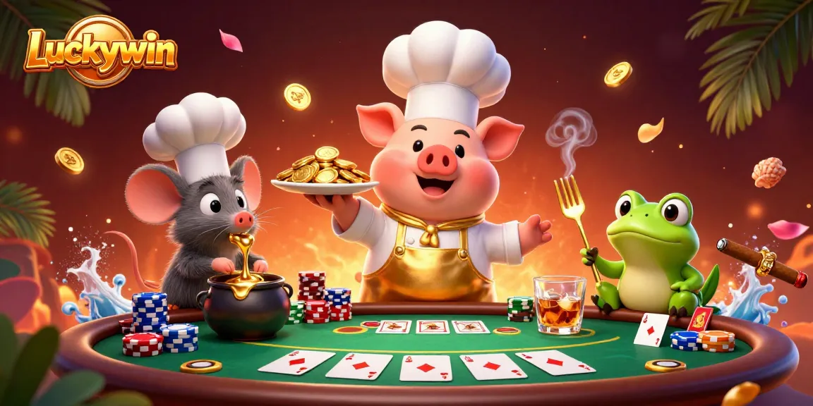 Experience exciting gameplay with Luckywin as a chef pig serves gold coins at a lavish poker table.