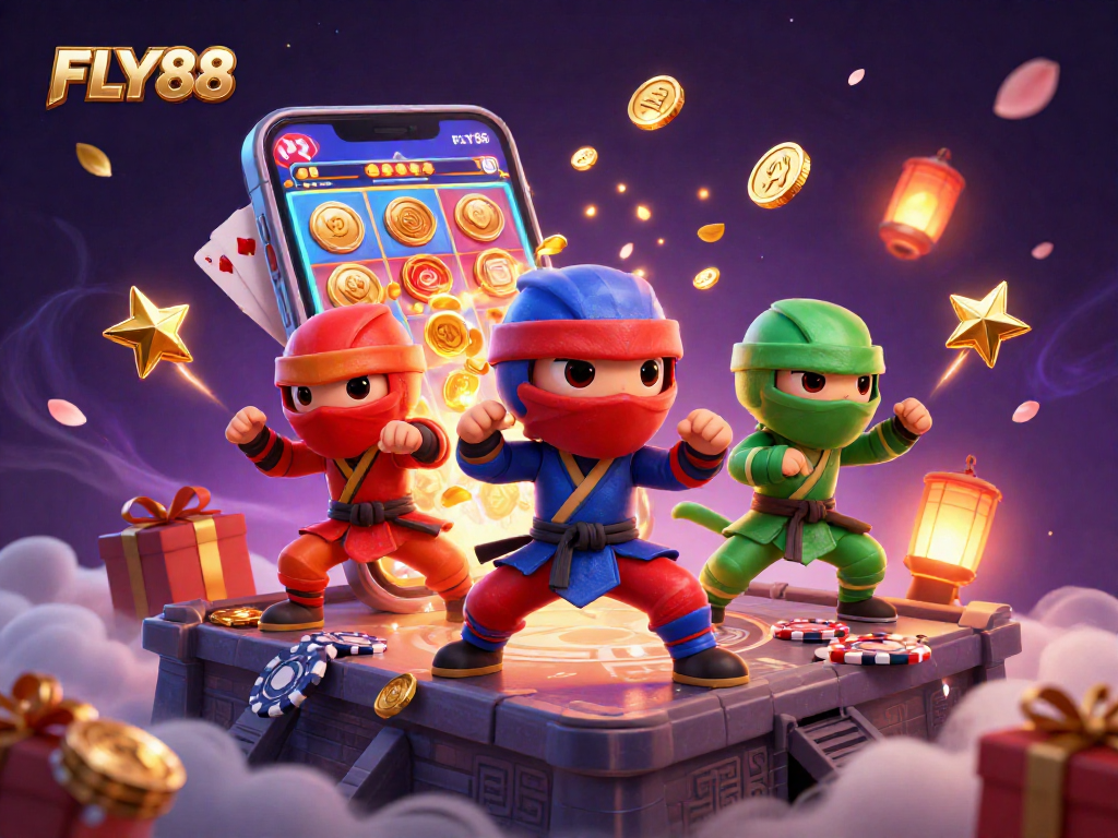 FLY88 showcases ninja chameleons throwing stars amidst dynamic casino game elements like slots and cards.