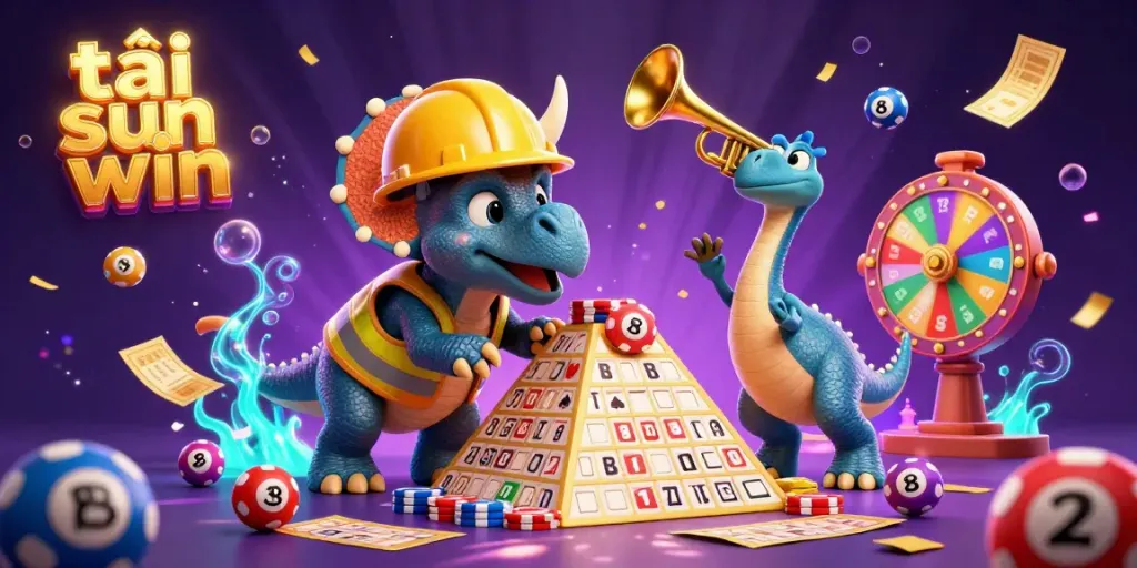 Experience the thrilling excitement as you tải sun win, featuring a triceratops and friends celebrating casino games amid dazzling elements.