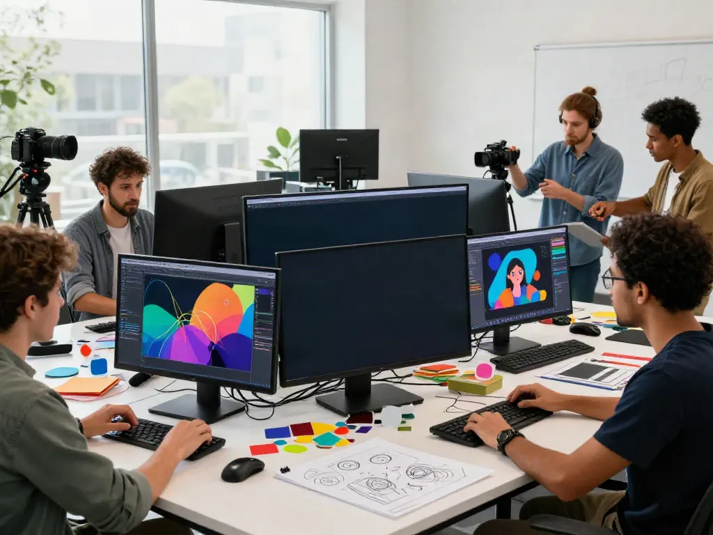 Artists collaborating on AI visuals at typeshutter.com in a dynamic studio.