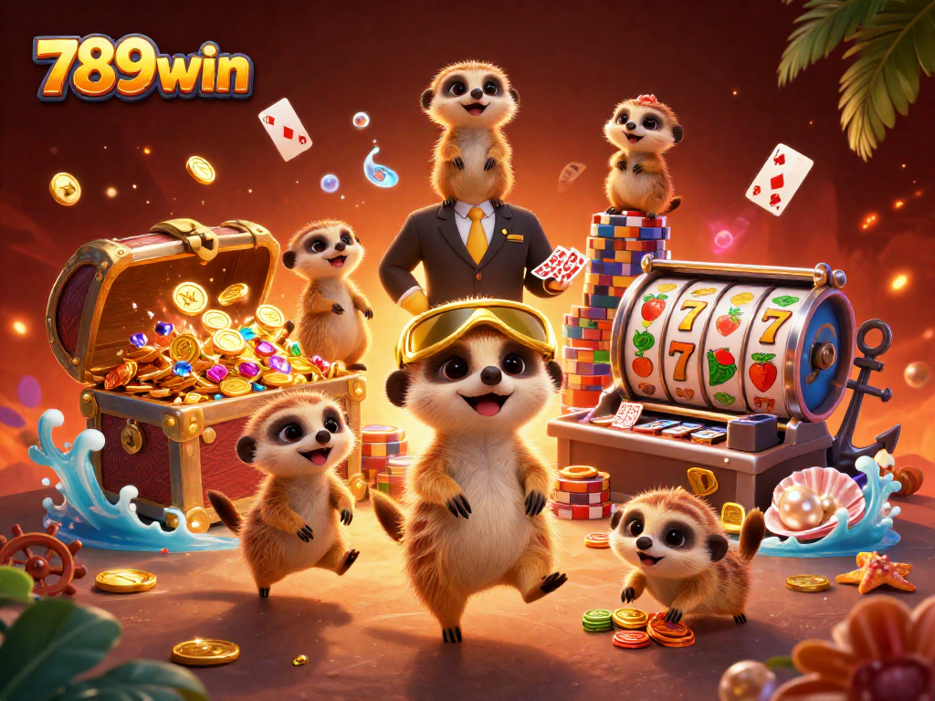 Experience the thrilling world of 789win with lively meerkats in a lively casino scene.