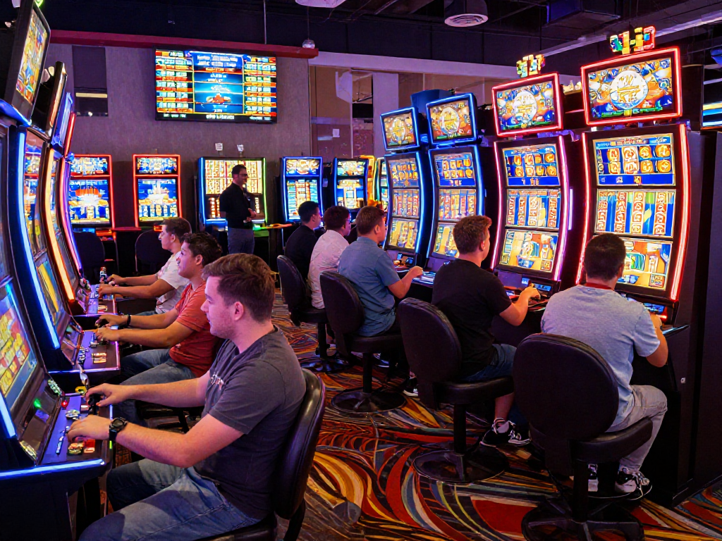 Players enjoying slot gacor games at vibrant casino, colorful machines and dynamic atmosphere.