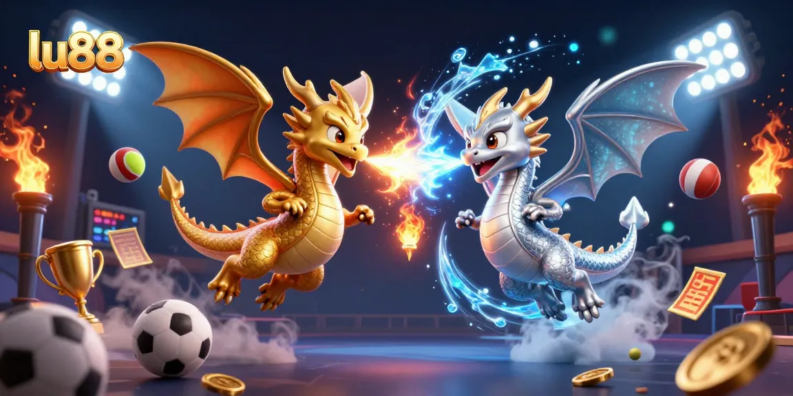 Engage with lu88's thrilling casino experience featuring dynamic 3D dragons and vibrant gaming elements.