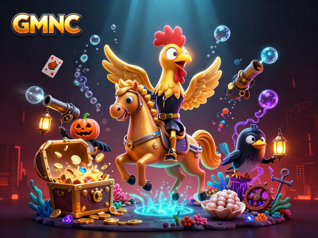 Experience GMNC's magical casino adventure with a golden rooster riding through treasure-filled realms.