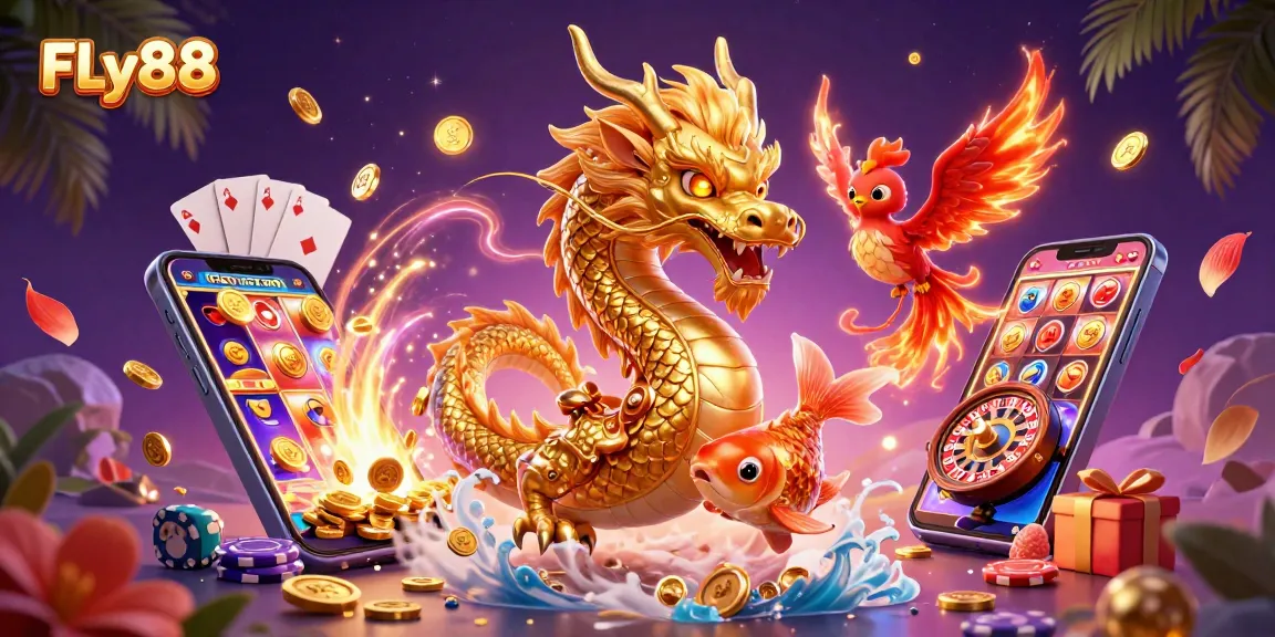 FLy88 offers thrilling gaming adventures with a dragon, phoenix, and koi fish amid an exciting casino scene.