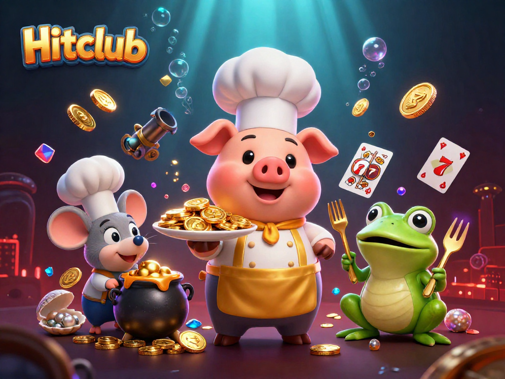 Hitclub showcases an exciting casino scene with a chef pig serving coins, vibrant slot reels, and a magical underwater backdrop.