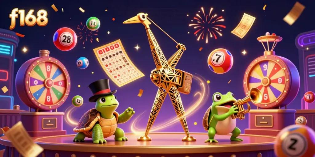 Play f168 and discover a vibrant scene with lively characters and colorful casino elements.
