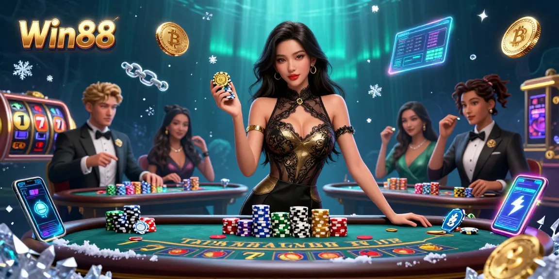 Win88 players engage in high-stakes baccarat with golden chips and slot game symbols.